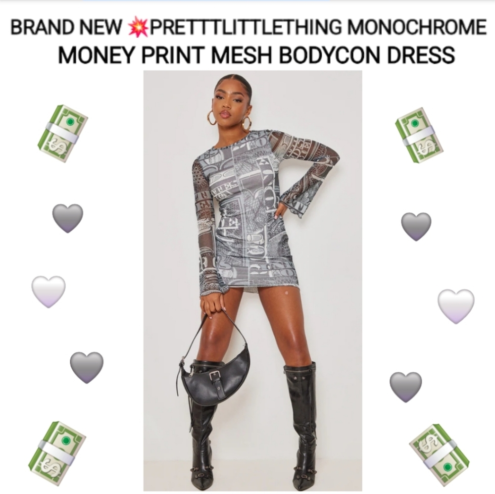 PRETTYLITTLETHING MONOCHROME MONEY PRINT MESH LONG SLEEVE BODYCON DRESS SIZE 12